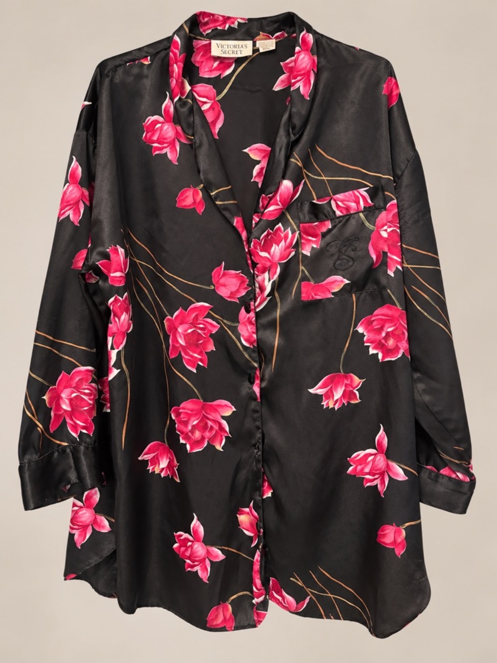 Vintage Gold Label Victoria's Secret Satin Pajama Shirt with Floral Print Sz L